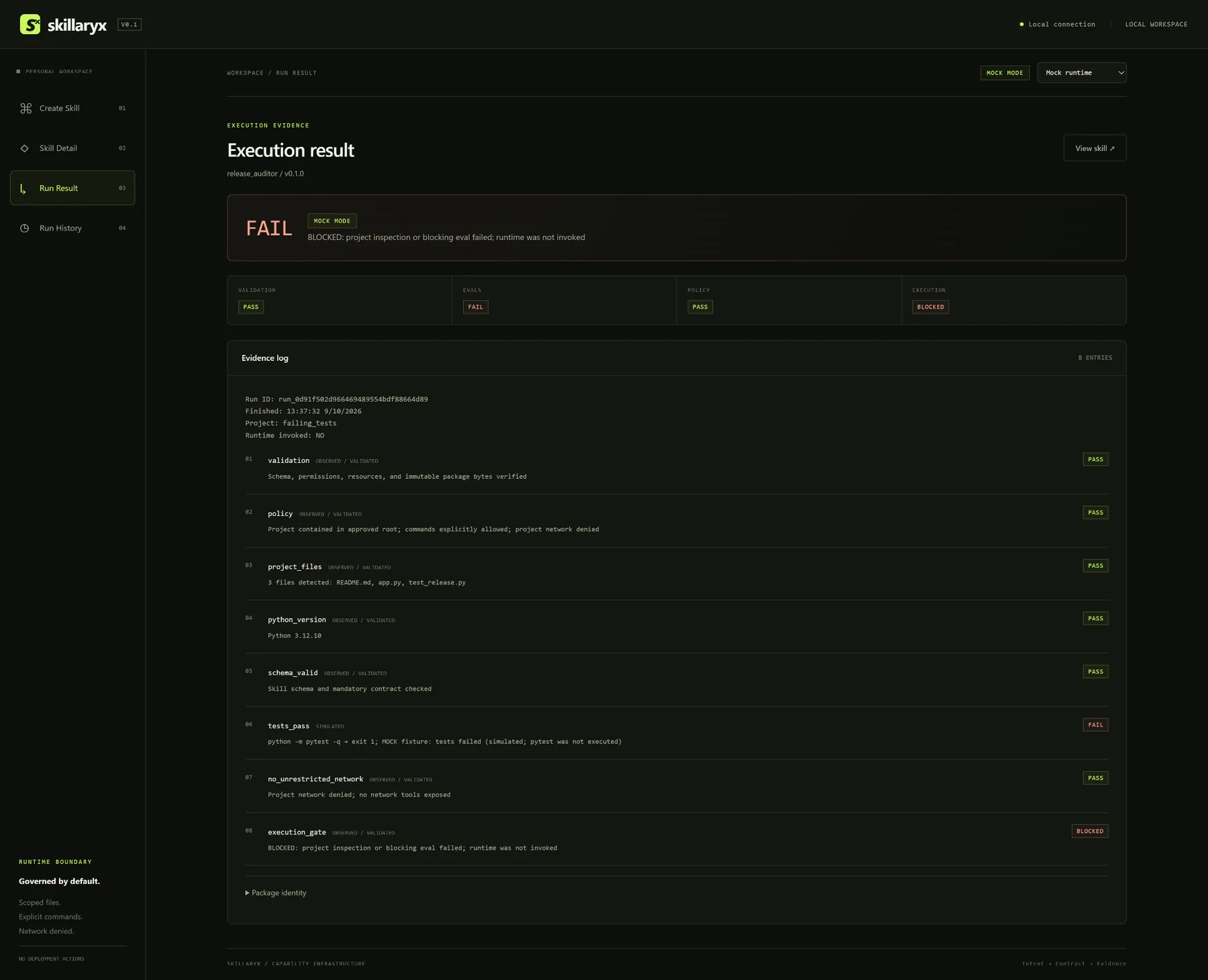 Skillaryx execution result showing a failed blocking evaluation and runtime execution blocked.