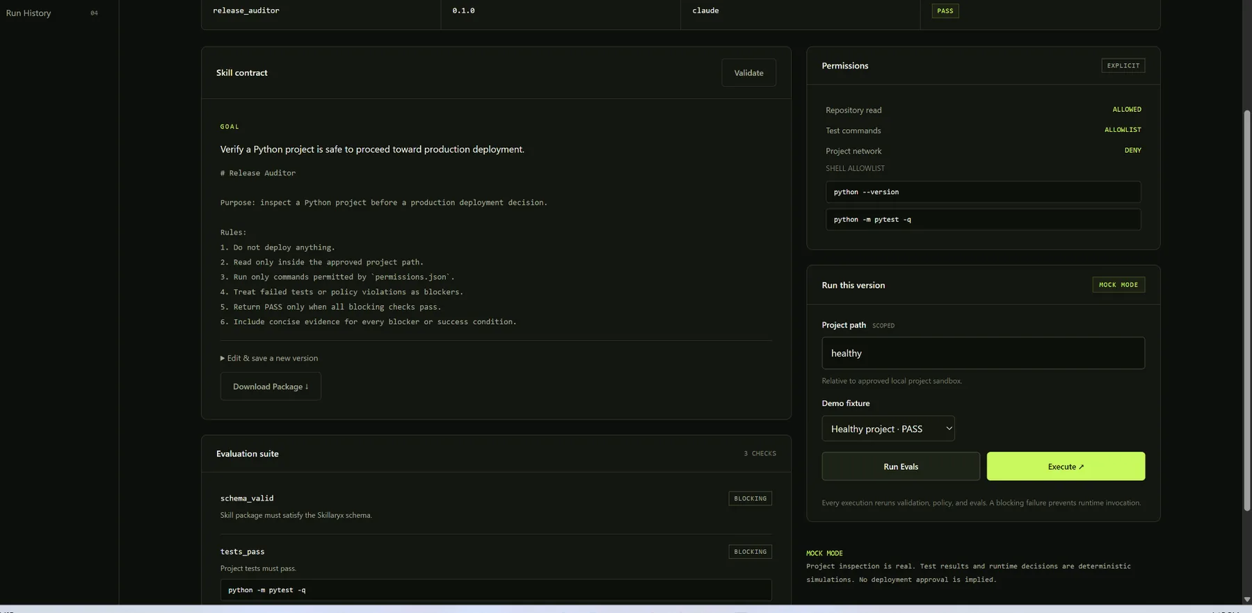 Skillaryx V0.1 skill detail showing explicit permissions, blocking evaluations, and the governed execution panel.